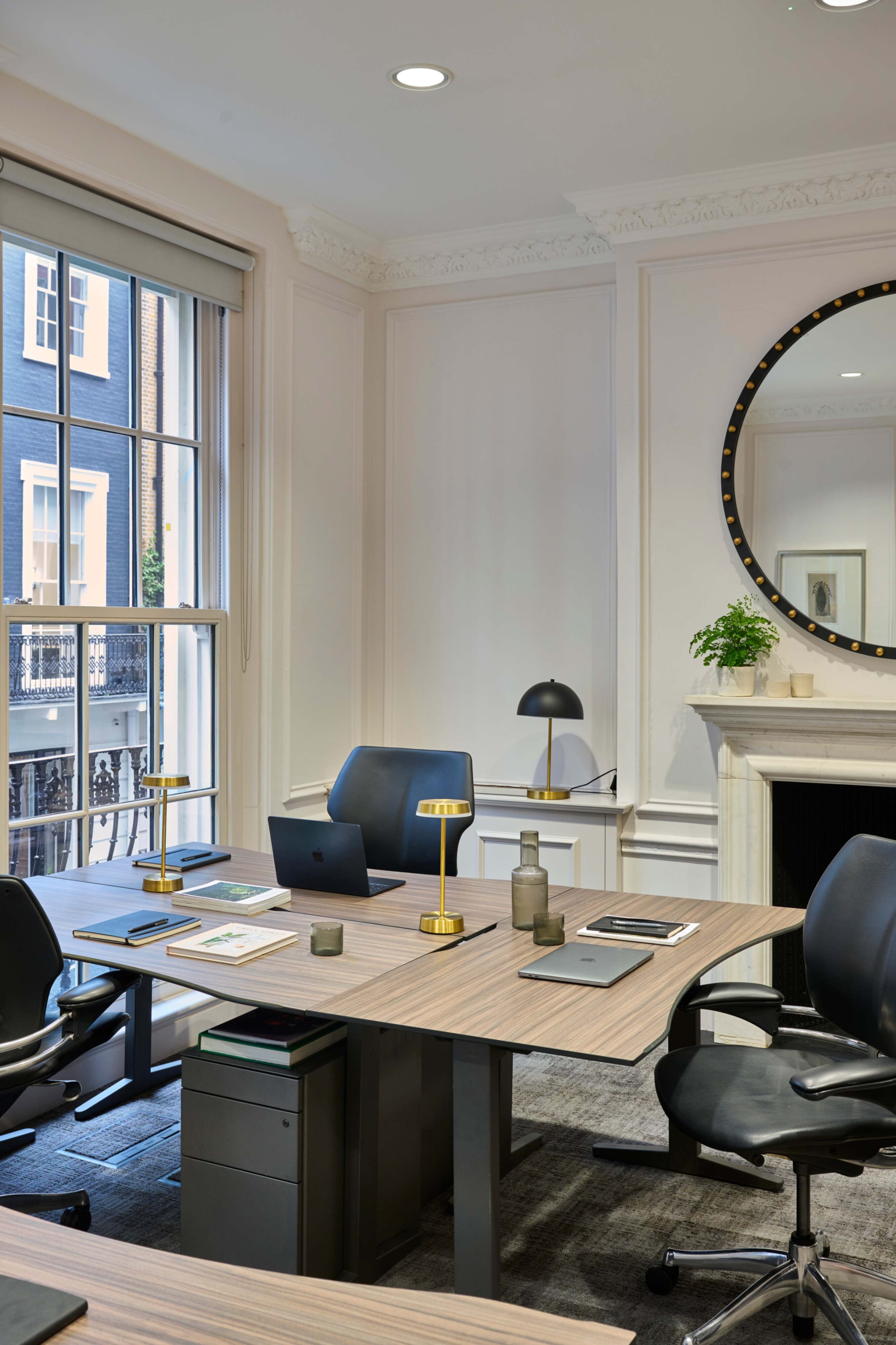 Bright private office at Beaumont Green Park Townhouses featuring natural light, period architectural details, and modern workstations.